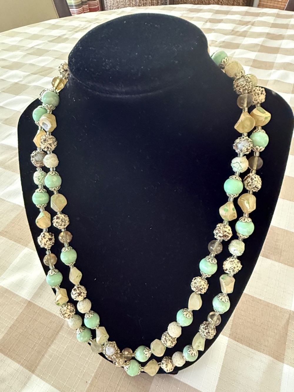 Vintage Mint Green and Beige Double-Strand Beaded Necklace